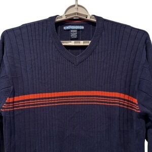 XG V-Neck Sweater Long Sleeve Striped Navy Orange Ribbed Knit Mens Size Large‎
